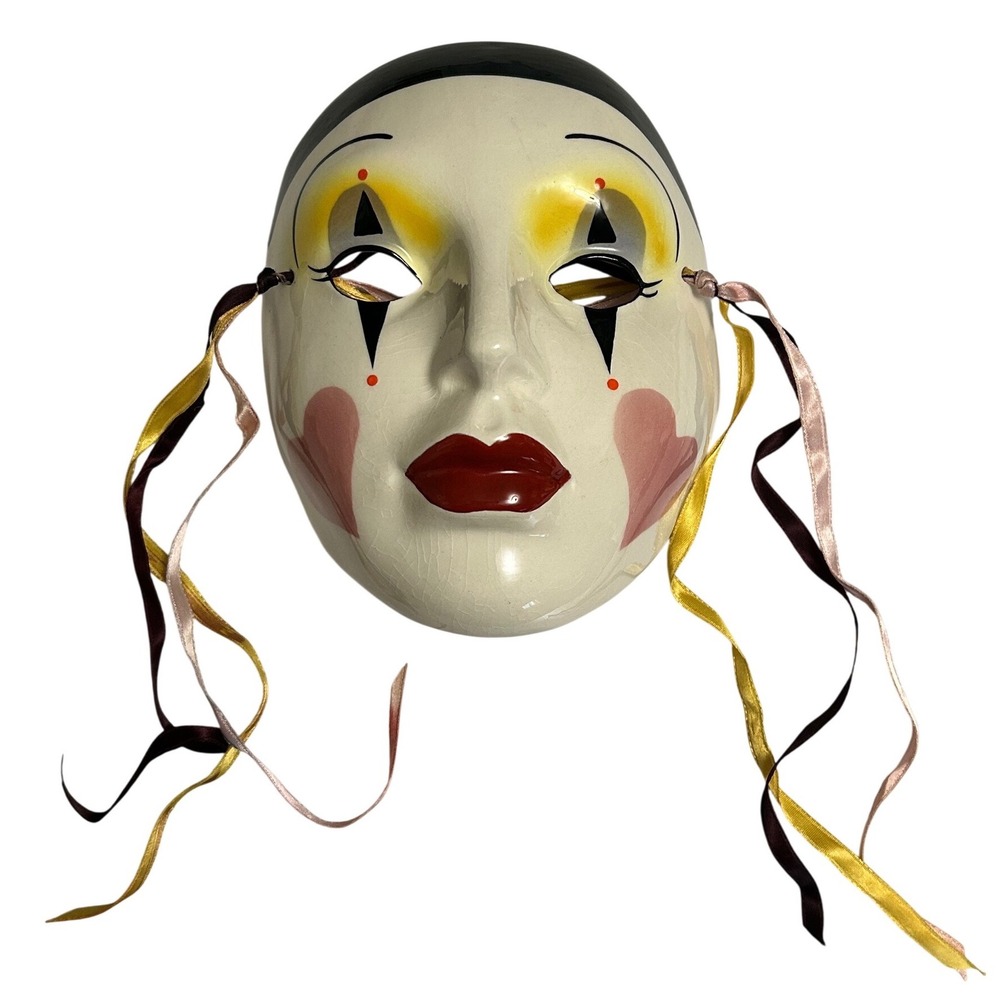 Clay Art San Francisco Ceramic Harlequin Mime Wall Mask Ribbon Heart Vintage